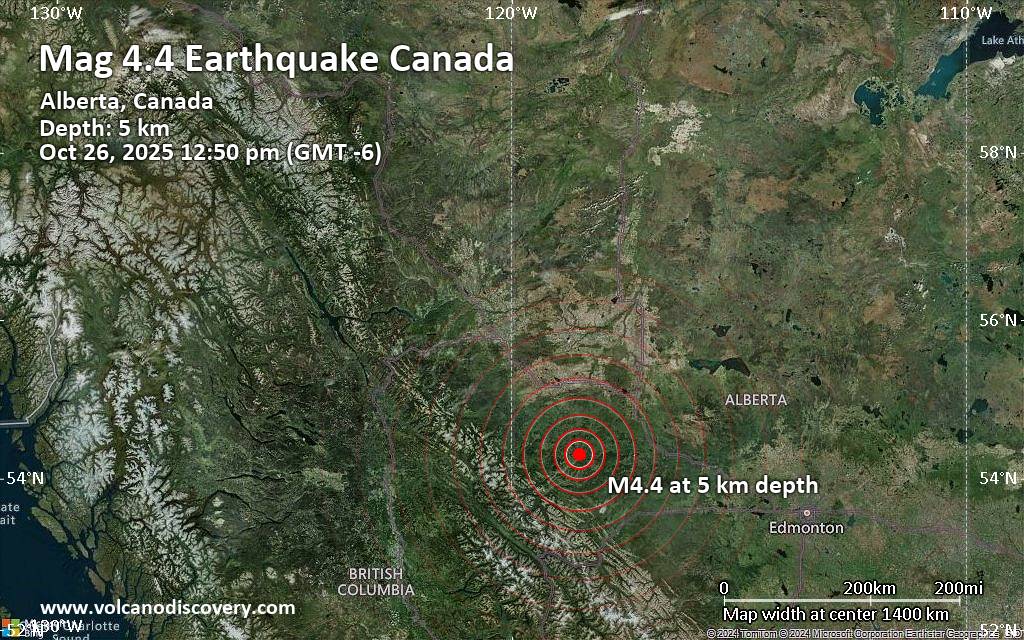 Moderate earthquake of magnitude 4.4 just reported 60 miles southeast of Grande Prairie, Alberta, Canada