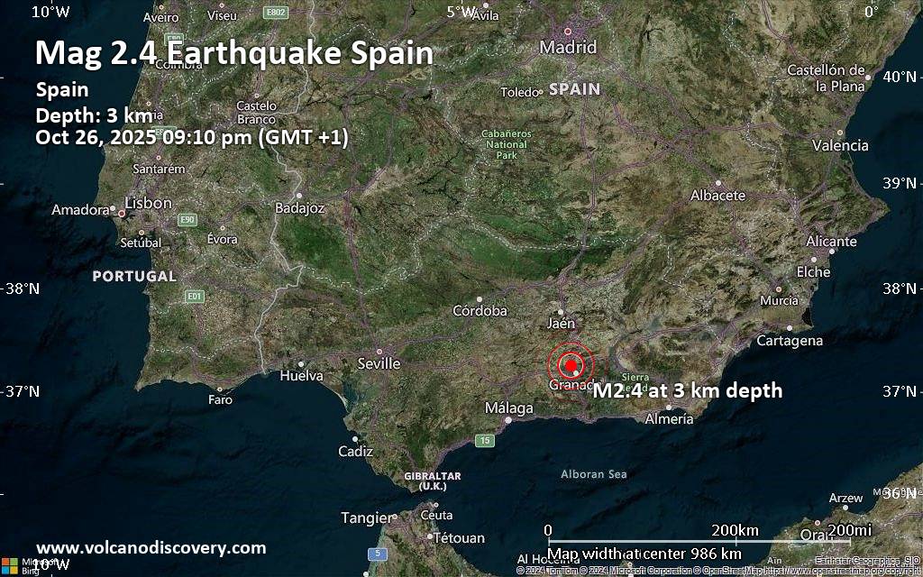 Small magnitude 2.4 quake hits 9 km northwest of Granada, Spain in the evening