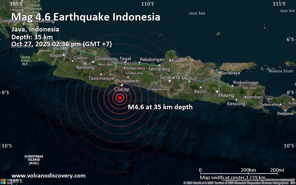 Moderate magnitude 4.6 quake hits 53 km south of Cilacap, Indonesia early afternoon