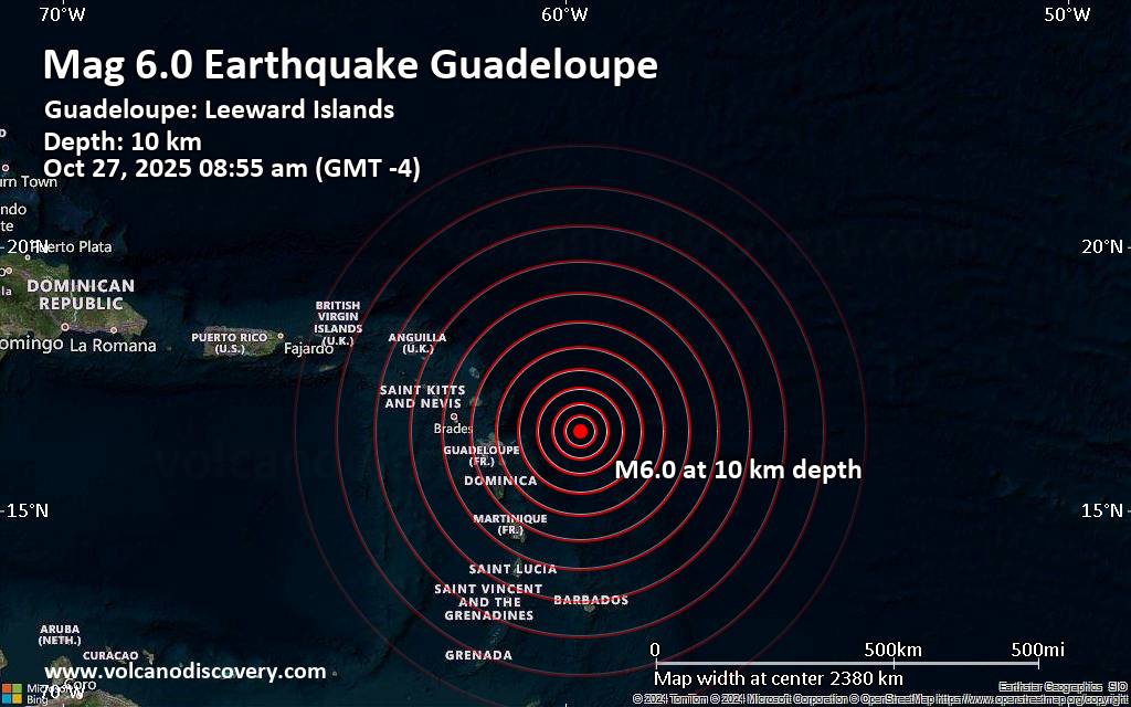Very strong mag. 6.0 earthquake - Leeward Islands on Monday, Oct 27, 2025, at 12:55 pm (Universal Time) - information