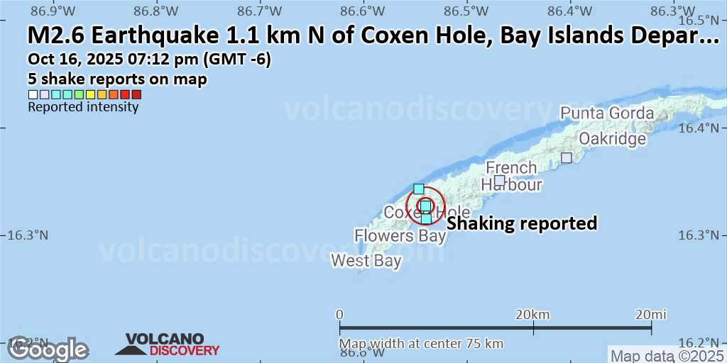 Unconfirmed earthquake or seismic-like event: 1.1 km north of Coxen Hole, Bay Islands Department, Honduras, 12 minutes ago