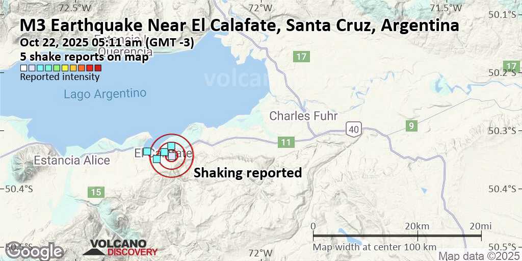 Seismic-like event, possible earthquake, reported about 10 minutes ago near El Calafate, Santa Cruz, Argentina