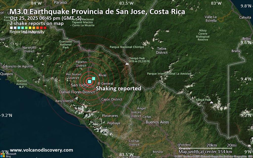 Seismic-like event, possible earthquake, reported few minutes ago near San Isidro, San José, Costa Rica