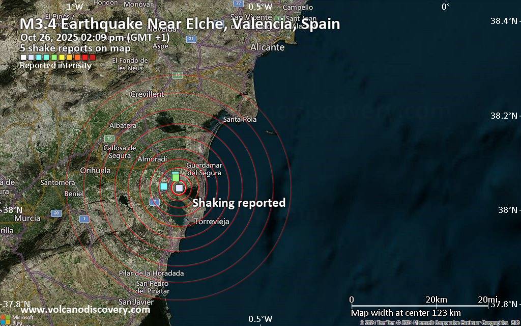Seismic-like event, possible earthquake, reported few minutes ago near Elche, Valencia, Spain