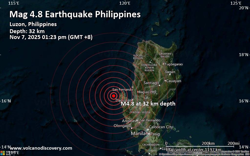 Moderate earthquake of magnitude 4.8 just reported 92 km northwest of Dagupan, Philippines