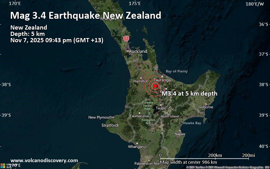 Small tremor of magnitude 3.4 just reported 57 km southeast of Hamilton, New Zealand