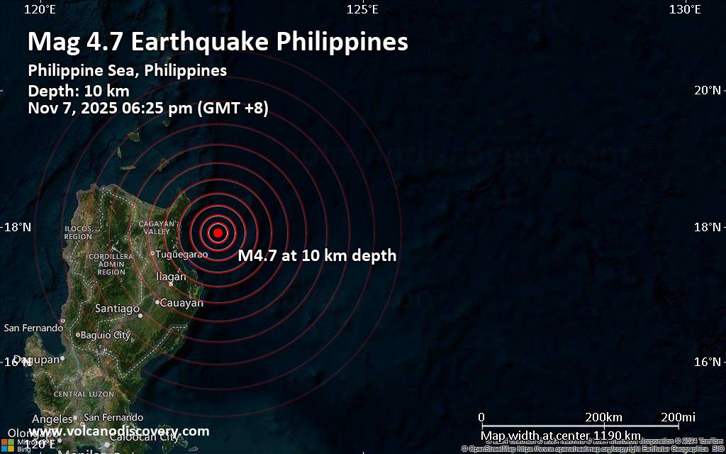 Moderate earthquake of magnitude 4.7 just reported 114 km northeast of Tuguegarao, Philippines