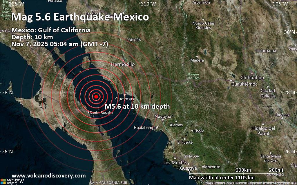 Magnitude 5.6 earthquake strikes near Santa Rosalia, Mulegé Municipality, Estado de Baja California Sur, Mexico