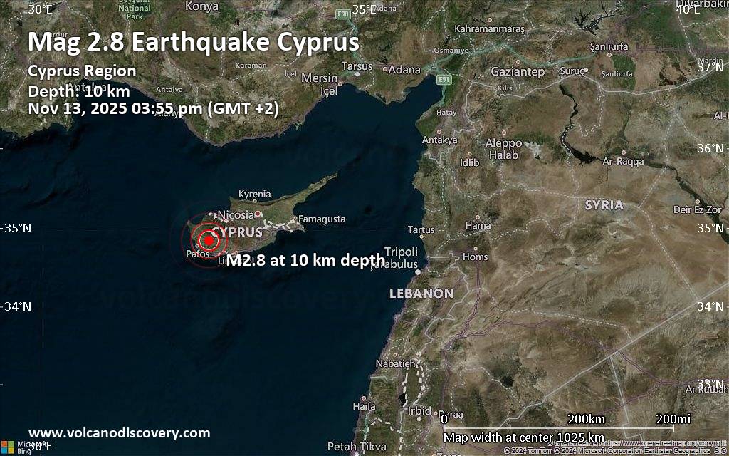 Small magnitude 2.8 quake hits 17 km northeast of Paphos, Cyprus early afternoon