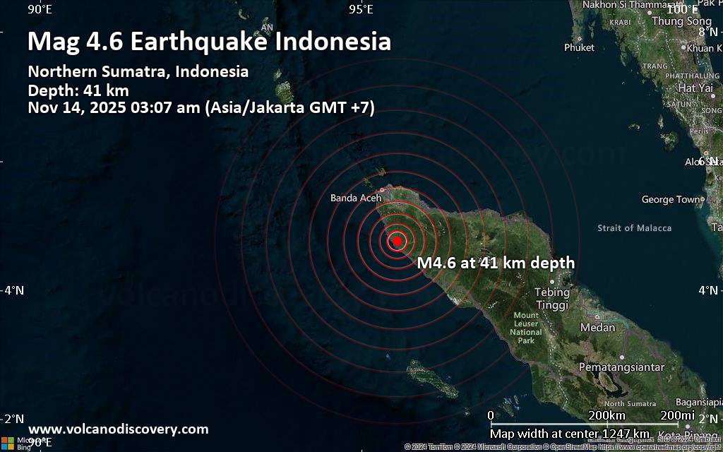 Moderate magnitude 4.6 earthquake 89 km southeast of Banda Aceh, Indonesia