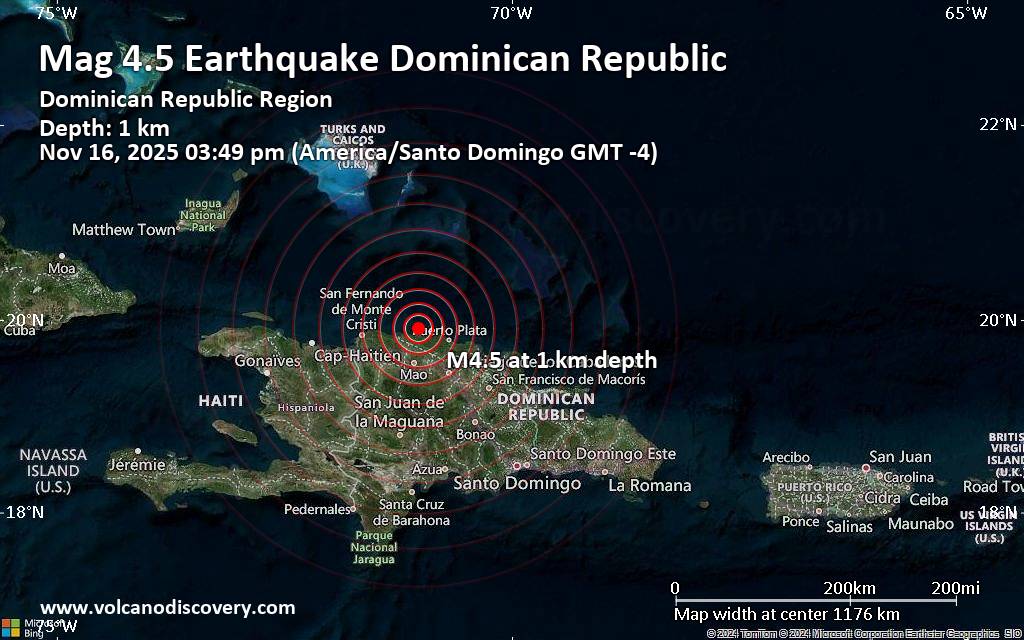 Magnitude 4.5 earthquake strikes near Puerto Plata, Dominican Republic