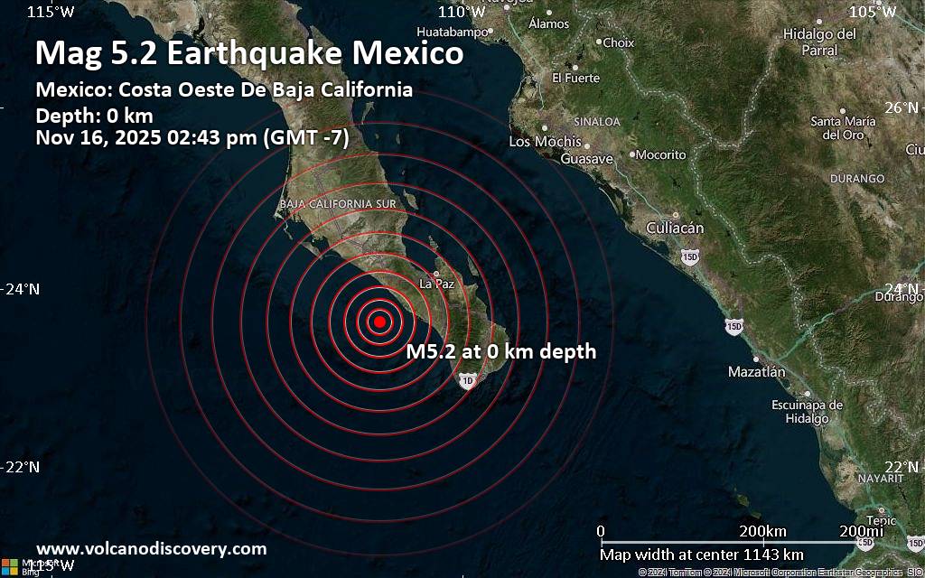 Significant magnitude 5.2 earthquake 90 km southwest of La Paz, Mexico