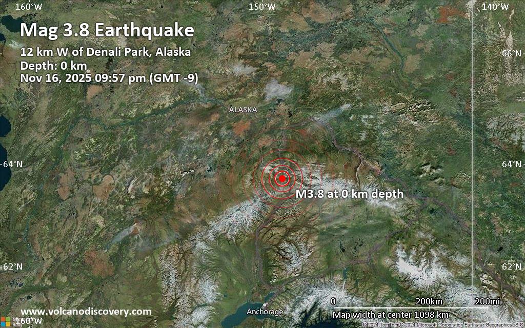 Small earthquake of magnitude 3.8 just reported 11 miles southwest of Healy, Alaska, United States