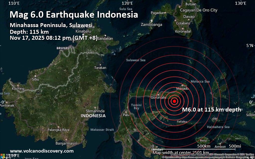 Magnitude 6.0 earthquake strikes near Modisi, Sulawesi Utara, Indonesia