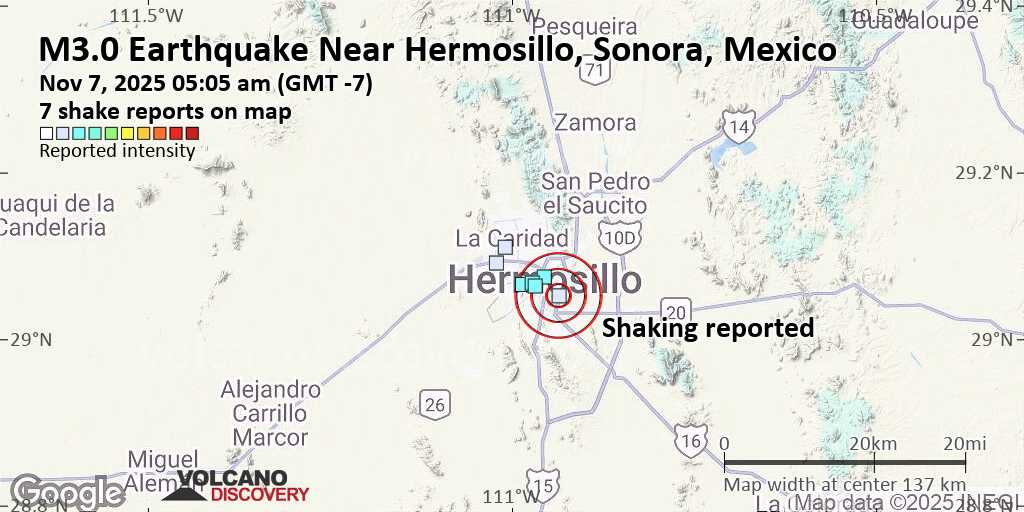 Seismic-like event, possible earthquake, reported few minutes ago near Hermosillo, Sonora, Mexico