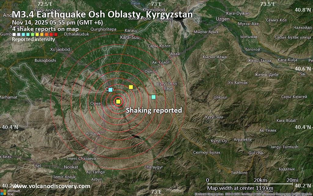 Seismic-like event, possible earthquake, reported few minutes ago near Osh, Osh Region, Kyrgyzstan