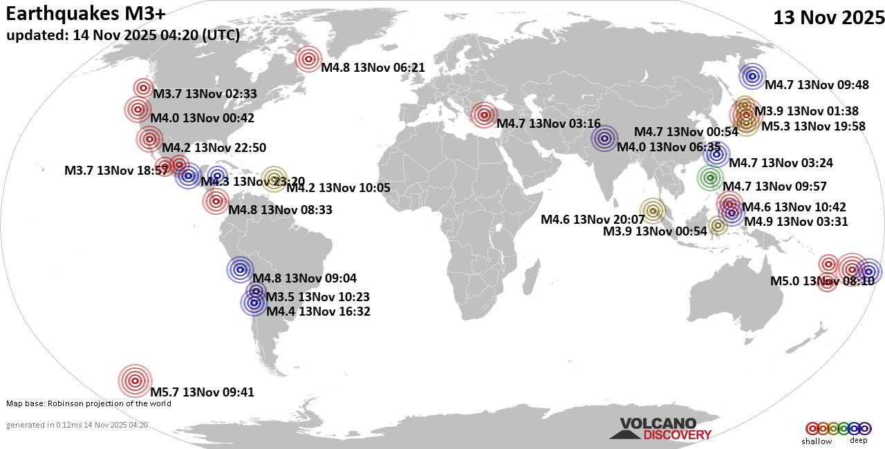 World Earthquake Report for Thursday, 13 November 2025