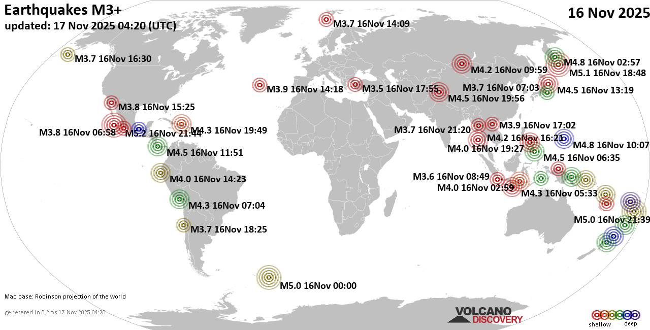 World Earthquake Report for Sunday, 16 November 2025