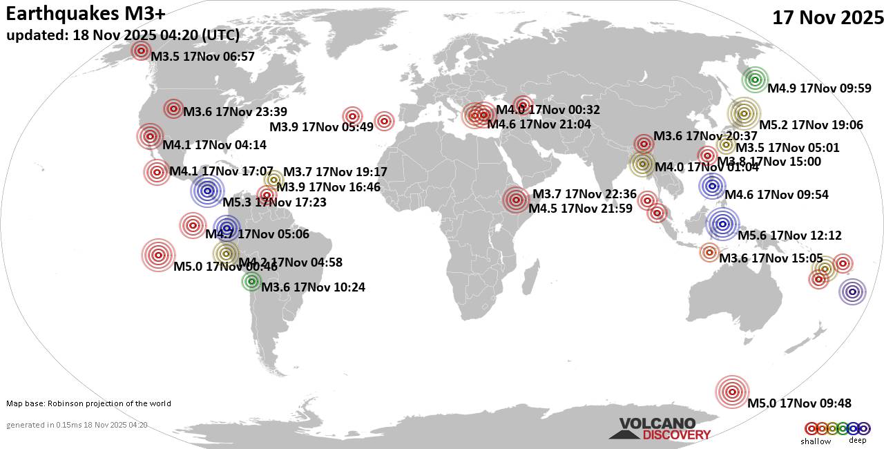 World Earthquake Report for Monday, 17 November 2025 | VolcanoDiscovery
