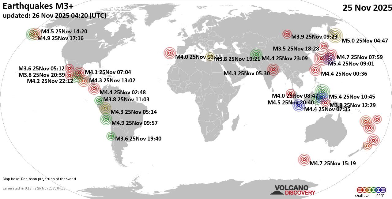 Earthquakes above magnitude 3 across the world during the last 24 hours on 26 November 2025