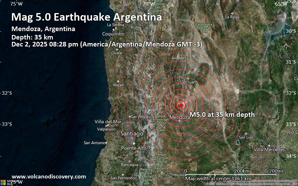 Significant 5.0 quake hits near Mendoza, Departamento de Guaymallén, Mendoza Province, Argentina