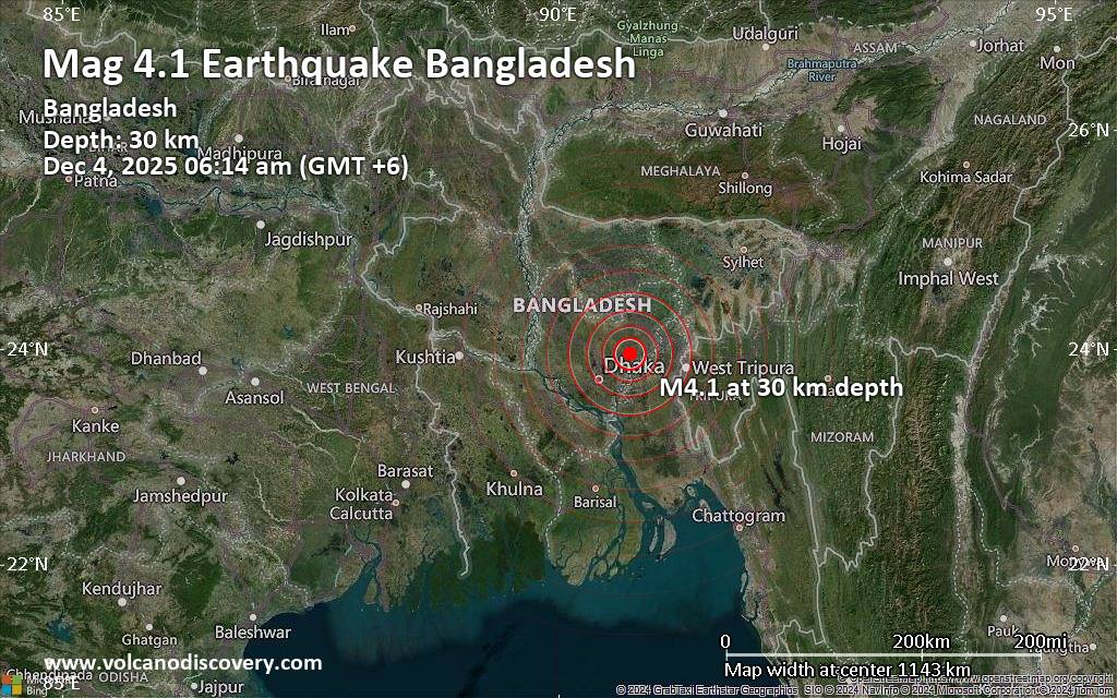 Moderate 4.1 quake hits near Narsingdi, Dhaka Division, Bangladesh