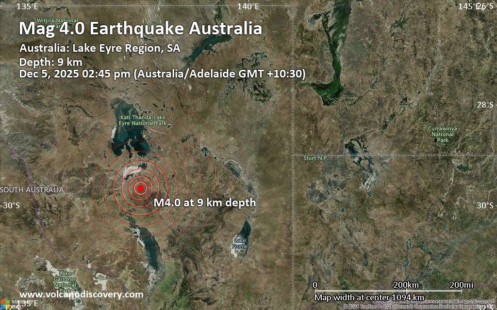 Moderate earthquake of magnitude 4.0 just reported 31 miles west of Marree, South Australia, Australia