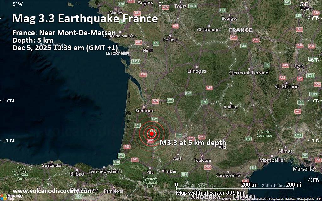 Small magnitude 3.3 earthquake 34 km northeast of Mont-de-Marsan, France