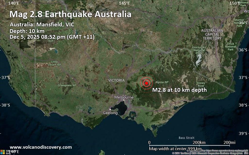Small magnitude 2.8 quake hits 12 miles southwest of Mansfield, Victoria, Australia in the evening
