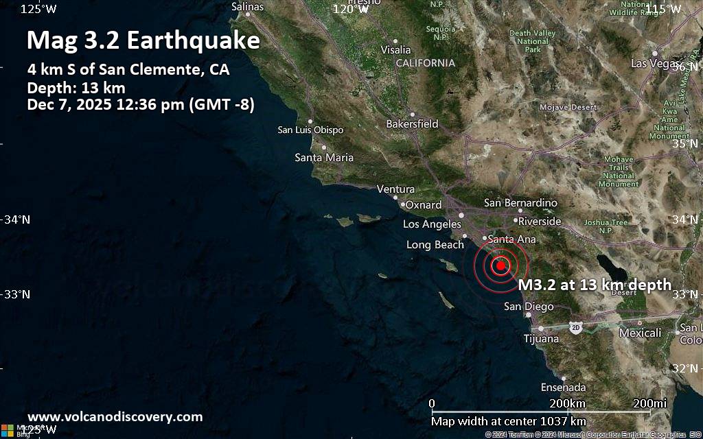 Small magnitude 3.2 quake hits 3 miles south of San Clemente, California, United States around noon