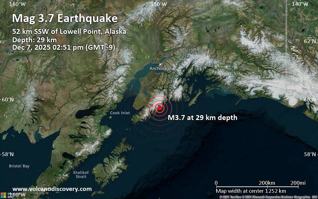 Small tremor of magnitude 3.7 just reported 34 miles southwest of Seward, Alaska, United States