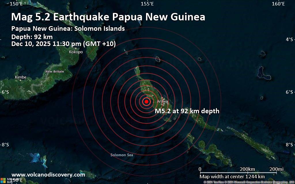 Magnitude 5.2 earthquake strikes near Arawa, Bougainville, Papua New Guinea