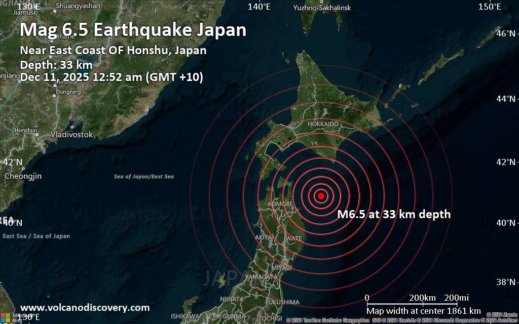 Significant magnitude 6.5 earthquake 107 km northeast of Hachinohe, Japan