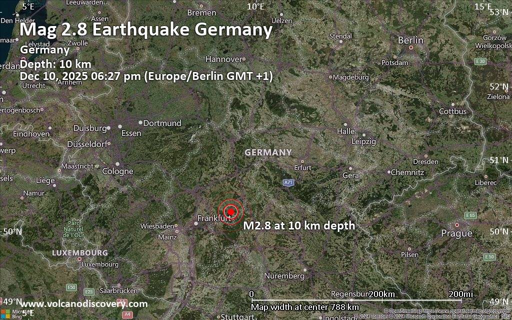 Small magnitude 2.8 quake hits 9 km southwest of Schluechtern, Germany early evening