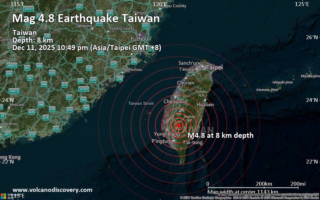 Moderate magnitude 4.8 quake hits 40 km southeast of Chiayi City, Taiwan late at night