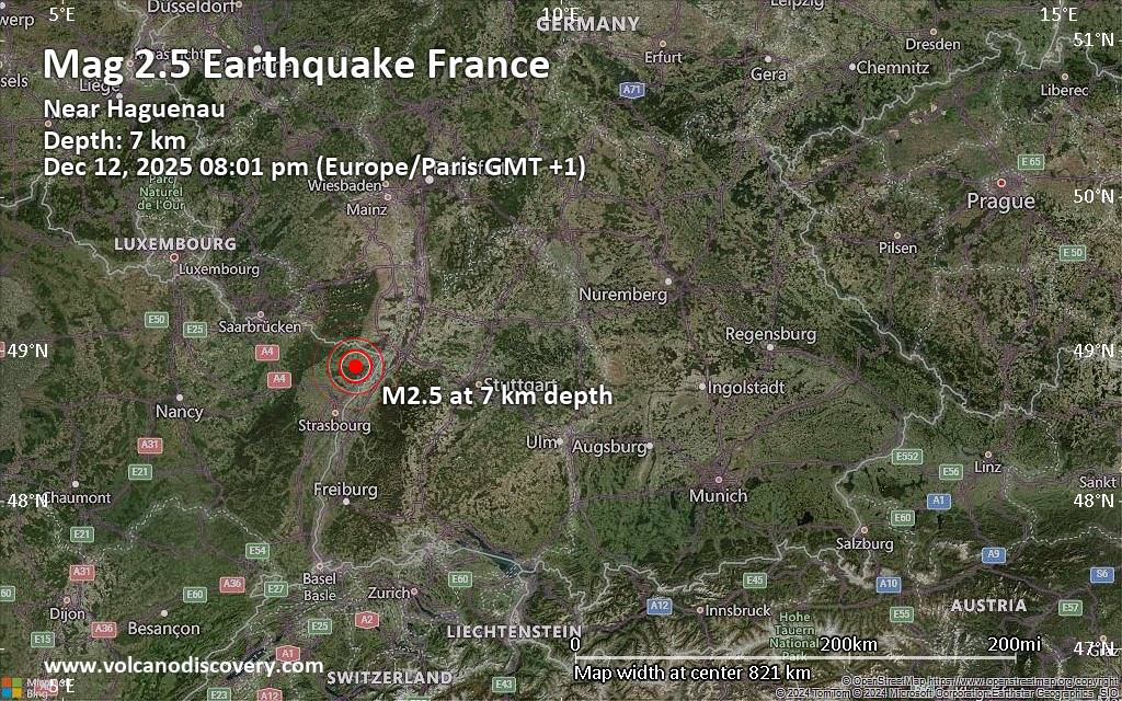 Small earthquake of magnitude 2.5 just reported 14 km northeast of Haguenau, France