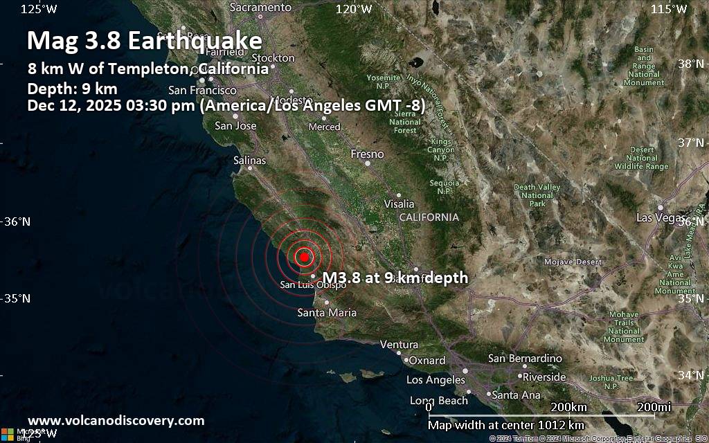 Small 3.8 quake hits near Atascadero, San Luis Obispo County, California, USA
