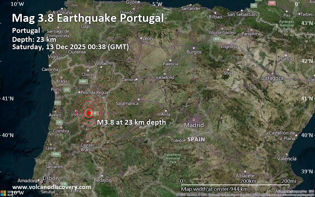 Small magnitude 3.8 quake hits 18 km northwest of Guarda, Portugal after midnight