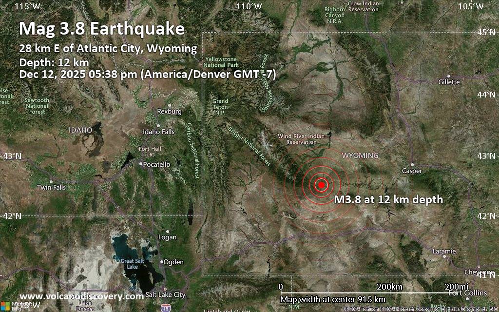 Small earthquake of magnitude 3.8 just reported 28 miles southeast of Lander, Wyoming, United States