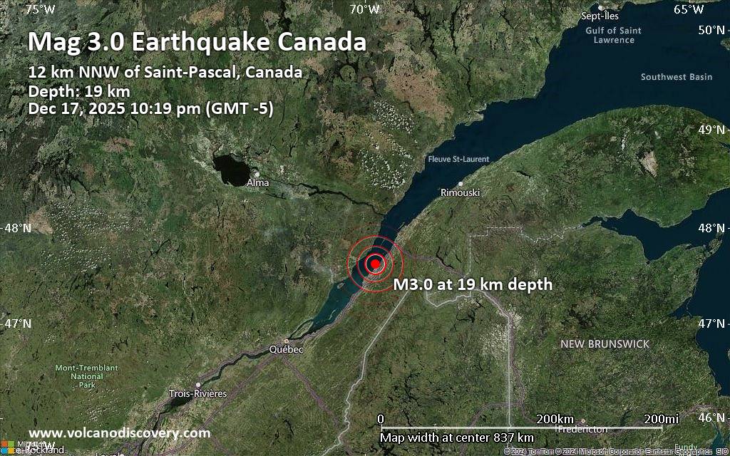 Magnitude 3.0 earthquake strikes near Riviere-du-Loup, Bas-Saint-Laurent, Quebec, Canada