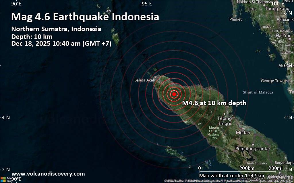 Moderate earthquake of magnitude 4.6 just reported 44 km southwest of Reuleuet, Indonesia