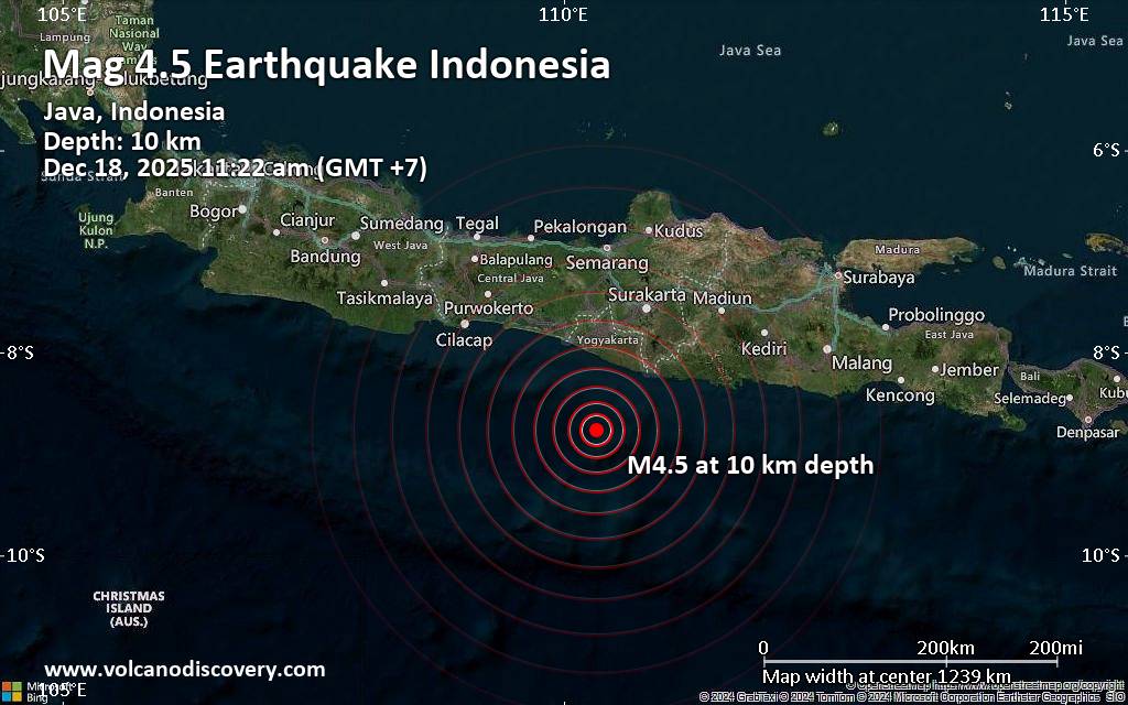 Moderate magnitude 4.5 quake hits 95 km southwest of Wonosari, Indonesia in the morning