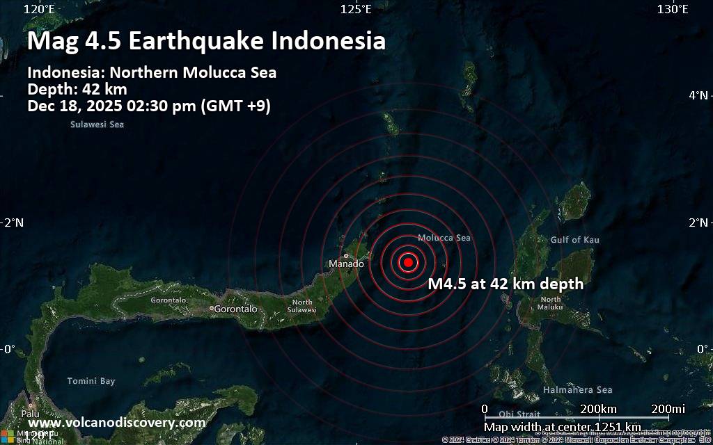 Magnitude 4.5 earthquake strikes near Bitung, Sulawesi Utara, Indonesia