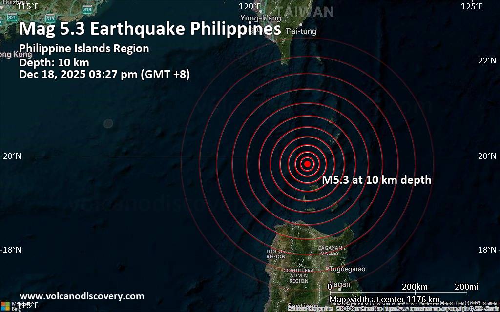 Significant magnitude 5.3 earthquake 99 km southwest of Basco, Philippines