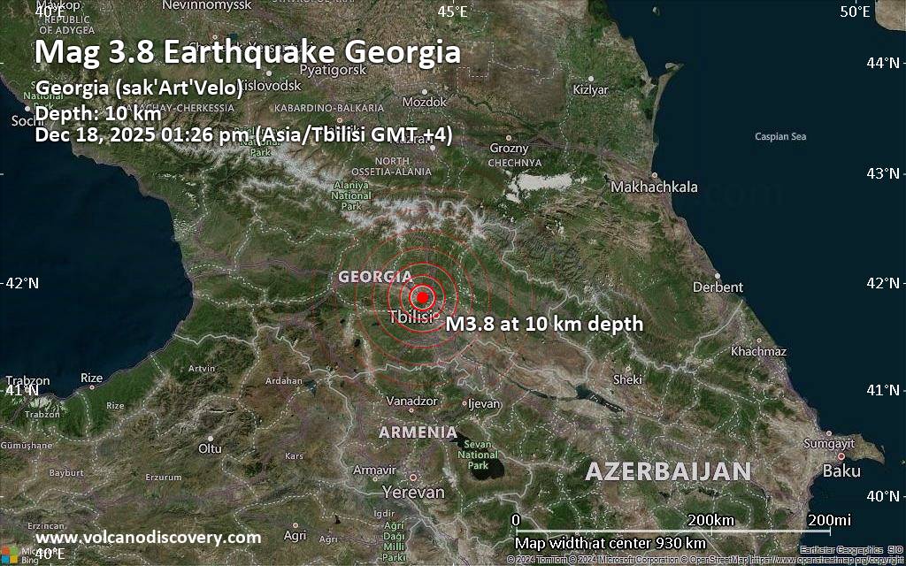 Small earthquake of magnitude 3.8 just reported 26 km northwest of Tbilisi, Georgia