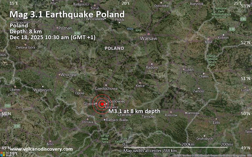 Small magnitude 3.1 earthquake 6 km northwest of Katowice, Poland