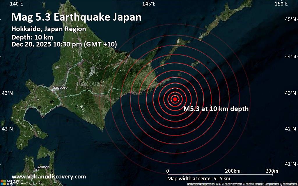 Magnitude 5.3 earthquake strikes near Nemuro, Nemuro-shi, Hokkaido, Japan
