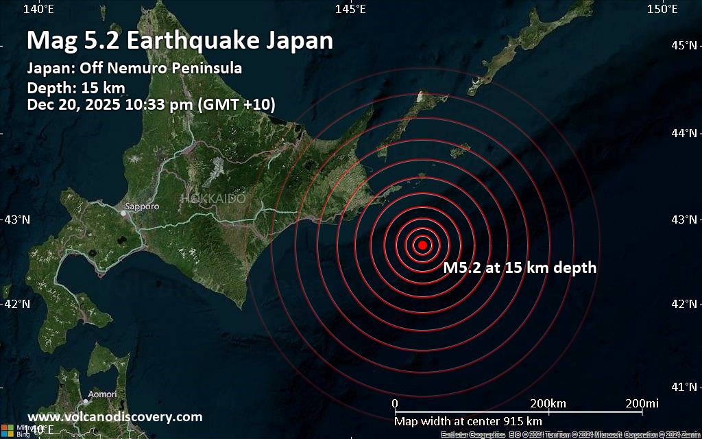 Significant earthquake of magnitude 5.2 just reported 84 km southeast of Nemuro, Japan