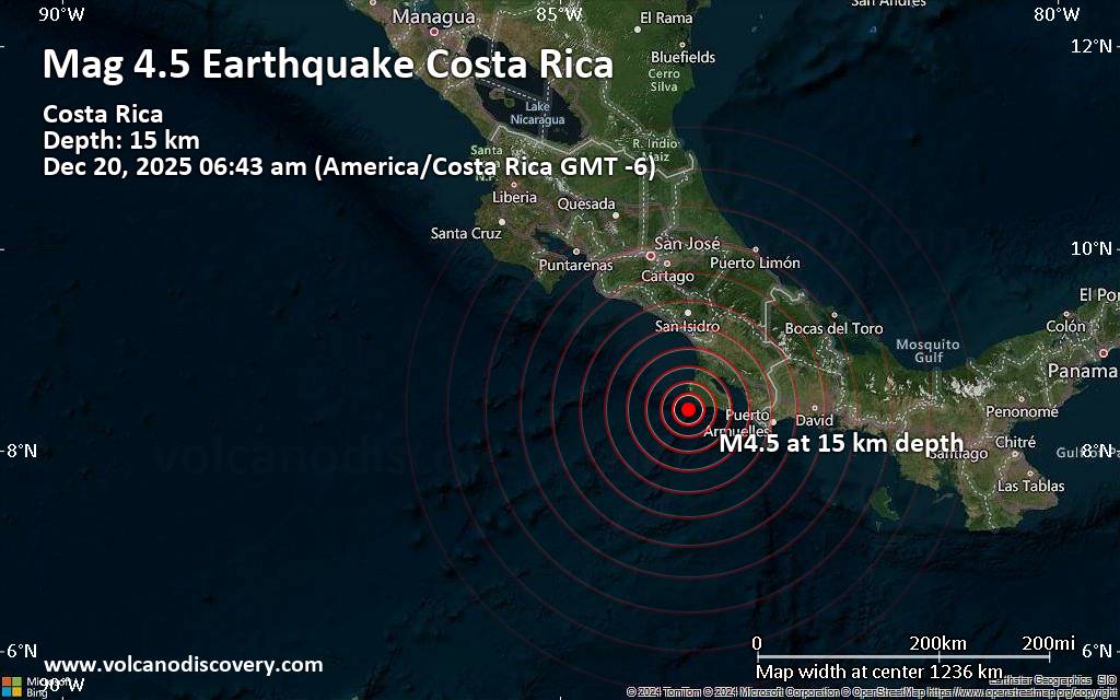 Magnitude 4.5 earthquake strikes near Golfito, Provincia de Puntarenas, Costa Rica
