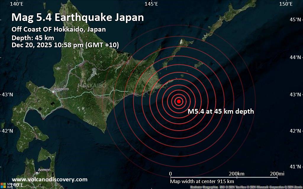 Significant magnitude 5.4 earthquake 68 km southeast of Nemuro, Japan